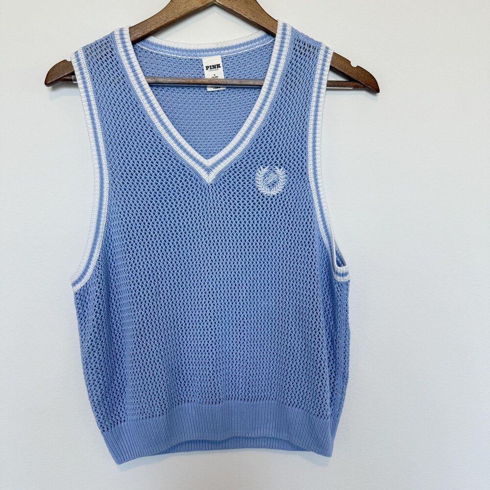 PINK Victoria's Secret Sweater Cambridge Vest Womens Med Blue Mesh Knit Pullover